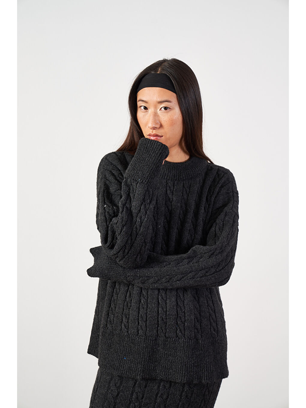 Saç Örgü Oversize Triko Kazak Antrasit-2