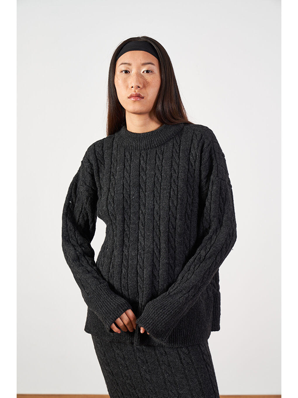 Saç Örgü Oversize Triko Kazak Antrasit-4