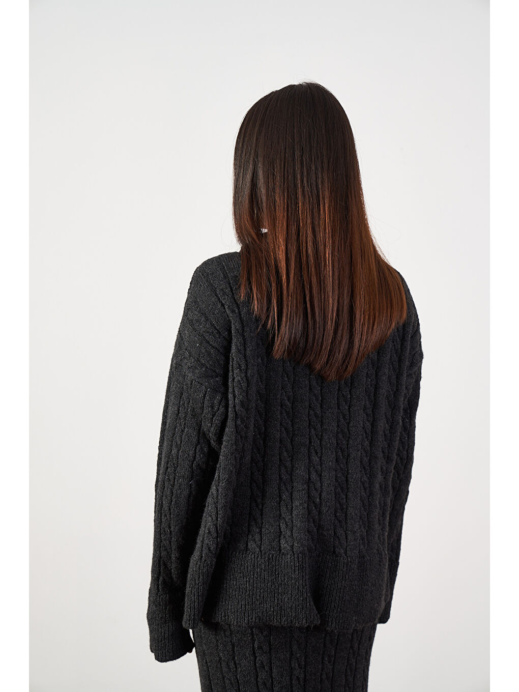 Saç Örgü Oversize Triko Kazak Antrasit-5