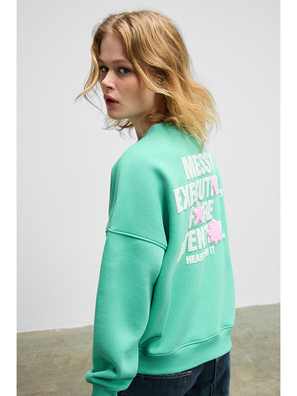Prıence Kadın Yumuşak Kumaşlı Baskılı Ve Havlu Patchlı Yuvarlak Yaka Yeşil Sweatshirt-3