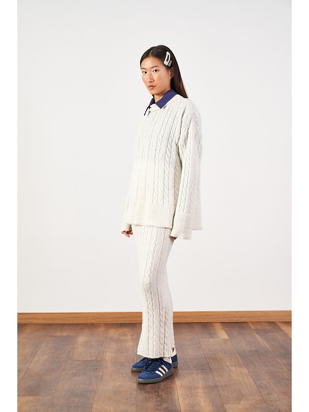 Saç Örgü Desenli Triko Etek Ekru