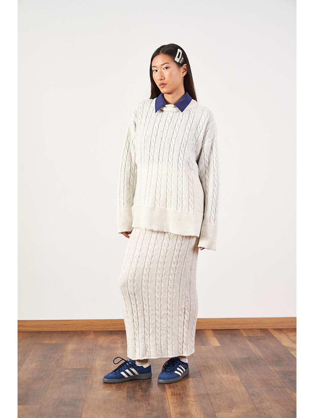 Saç Örgü Desenli Triko Etek Ekru-1