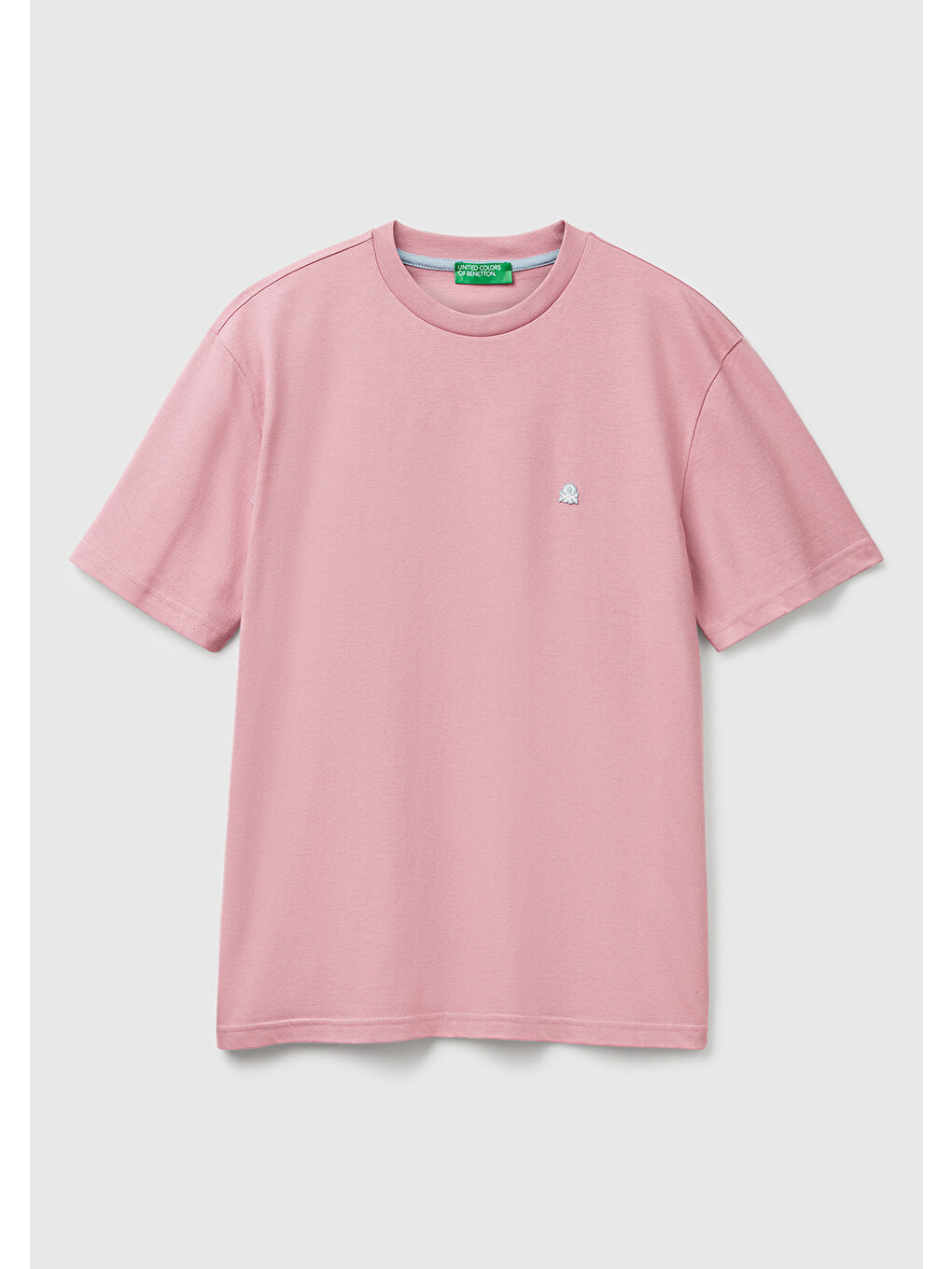 Erkek Koyu Pembe %100 Pamuk Benetton Logolu Bisiklet Yaka T-Shirt-1