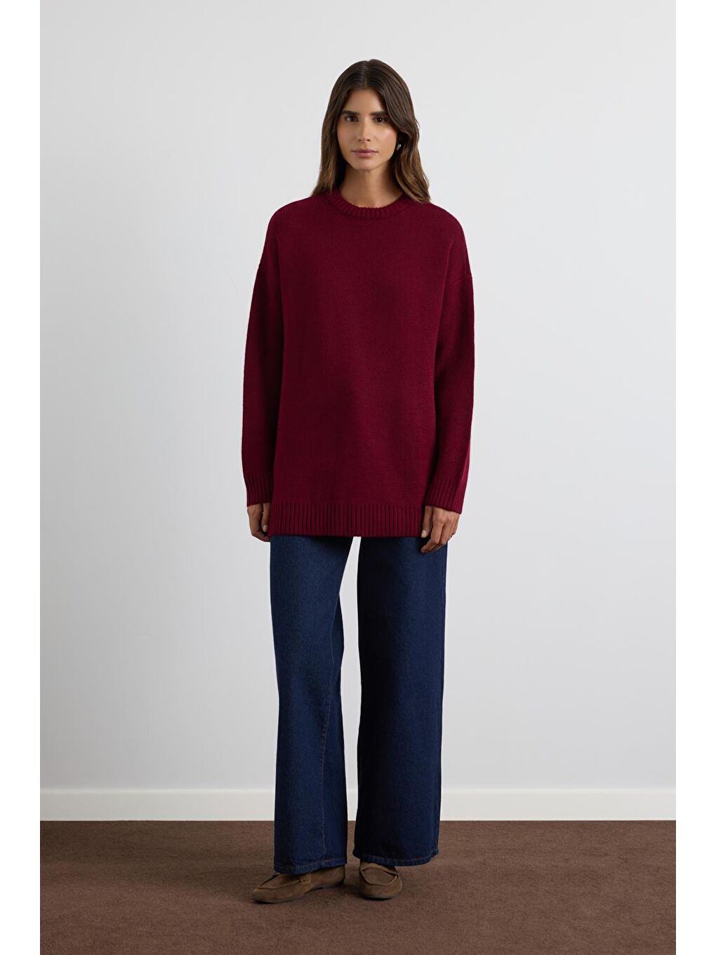 Bisiklet Yaka Basic Triko Kazak Bordo-1