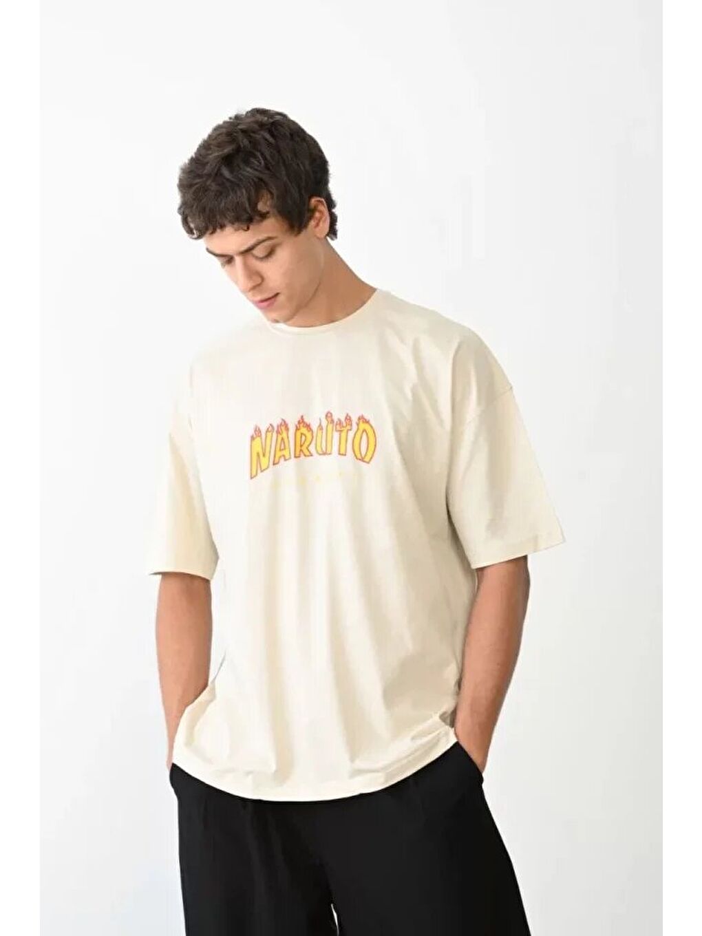 Unisex Bisiklet Yaka Baskılı Oversize T-Shirt - Beyaz-1