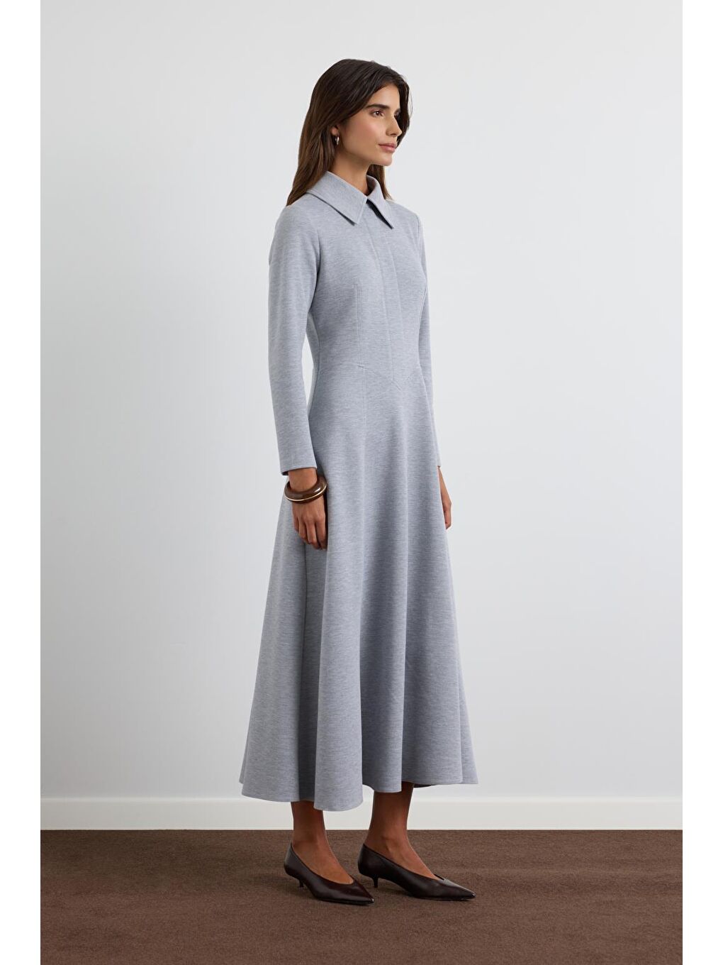 Geniş Yakalı Örme Elbise Gri-1