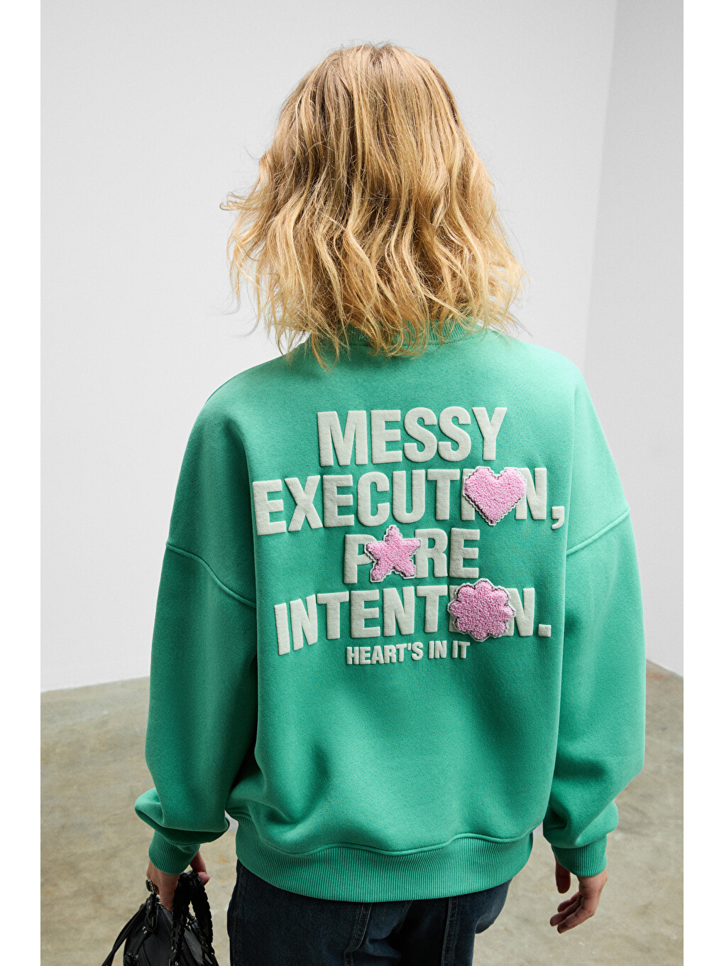 Prıence Kadın Yumuşak Kumaşlı Baskılı Ve Havlu Patchlı Yuvarlak Yaka Yeşil Sweatshirt-5