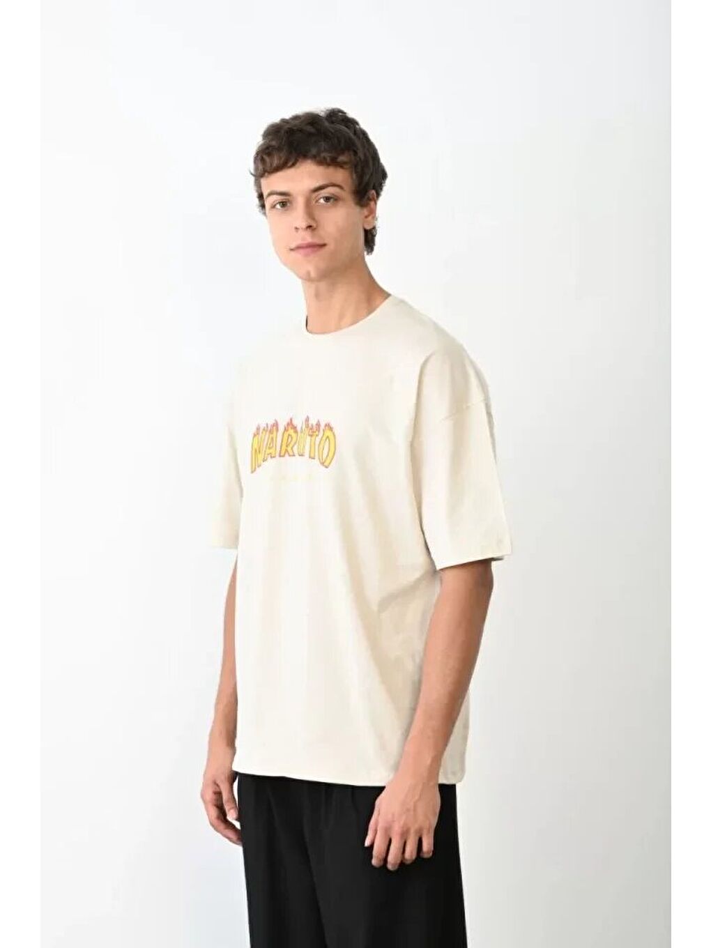 Unisex Bisiklet Yaka Baskılı Oversize T-Shirt - Beyaz-2