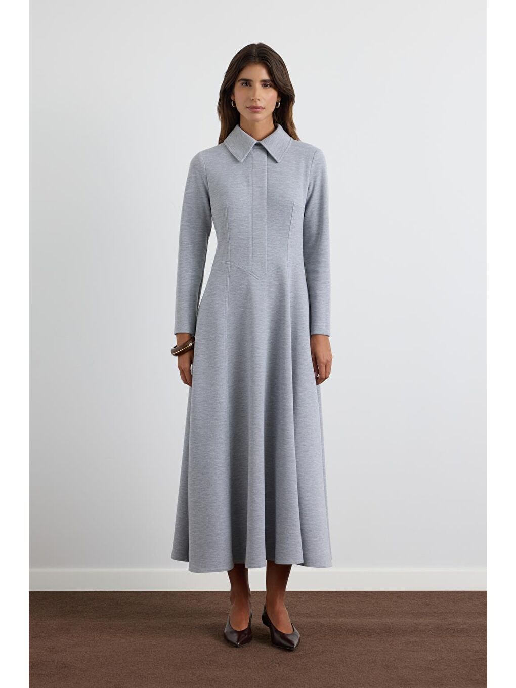 Geniş Yakalı Örme Elbise Gri-2