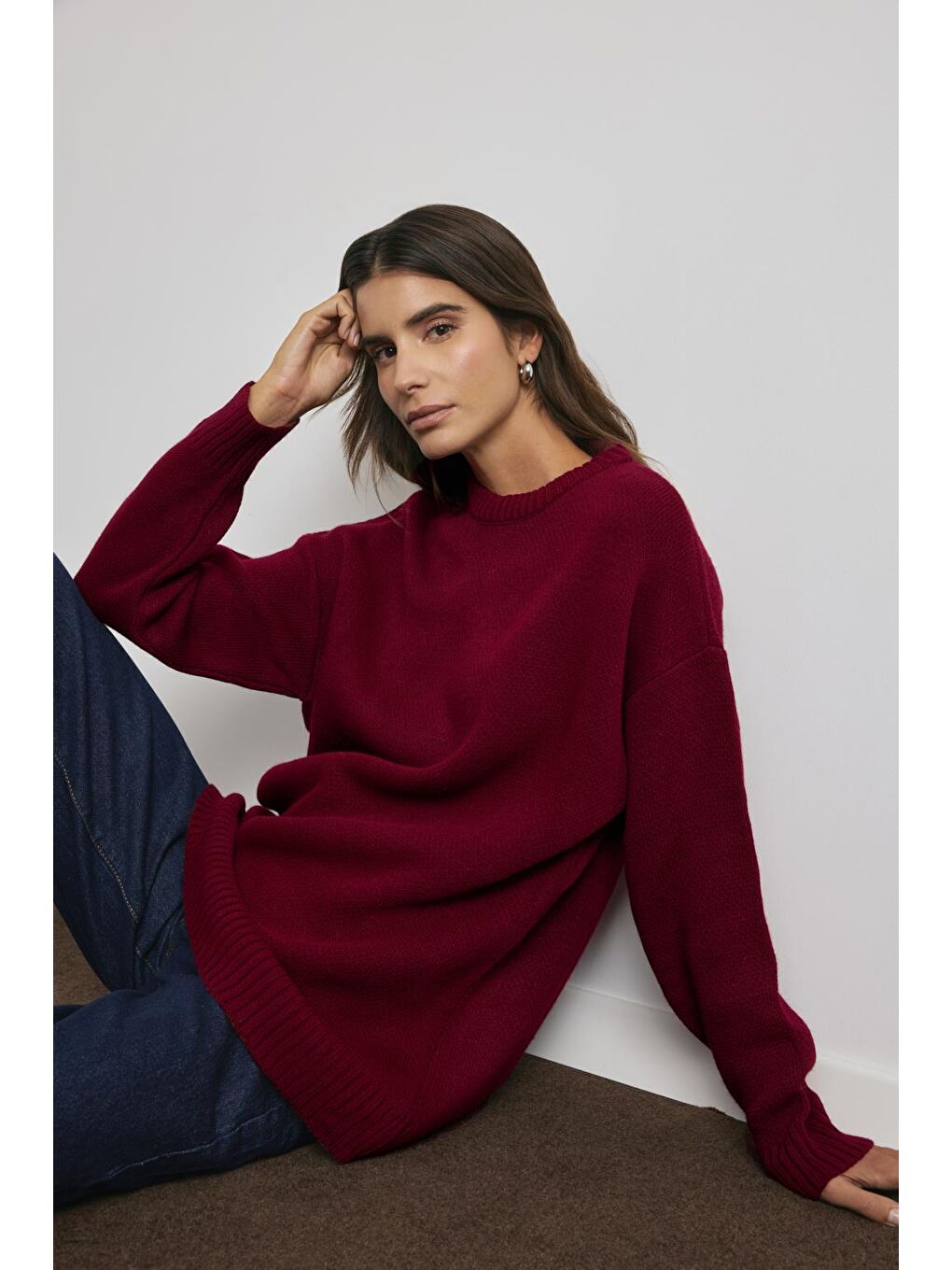 Bisiklet Yaka Basic Triko Kazak Bordo-3