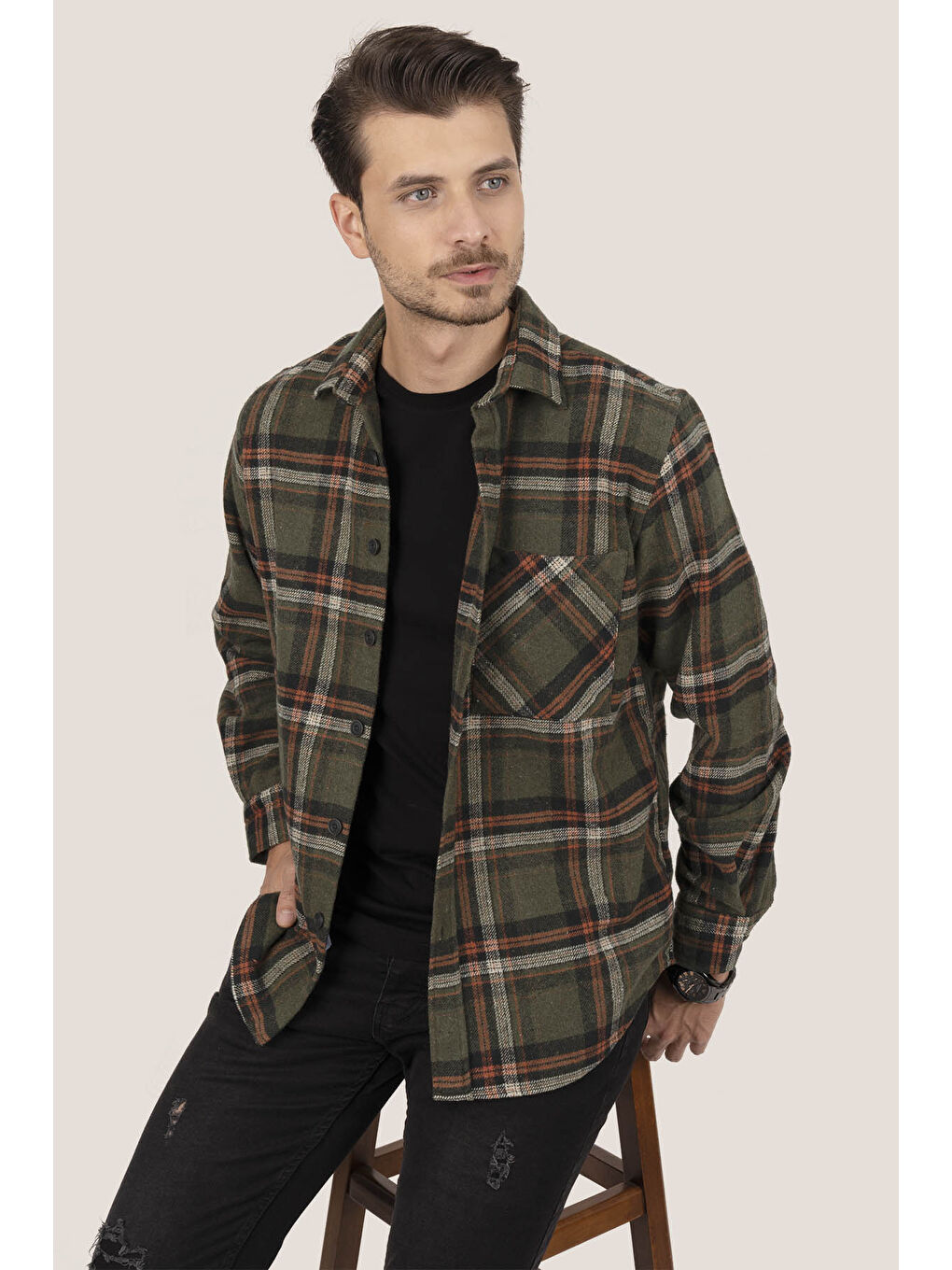 Asker Yeşili Oversize (Geniş Kalıp) Kalın Oduncu Erkek Gömlek-1