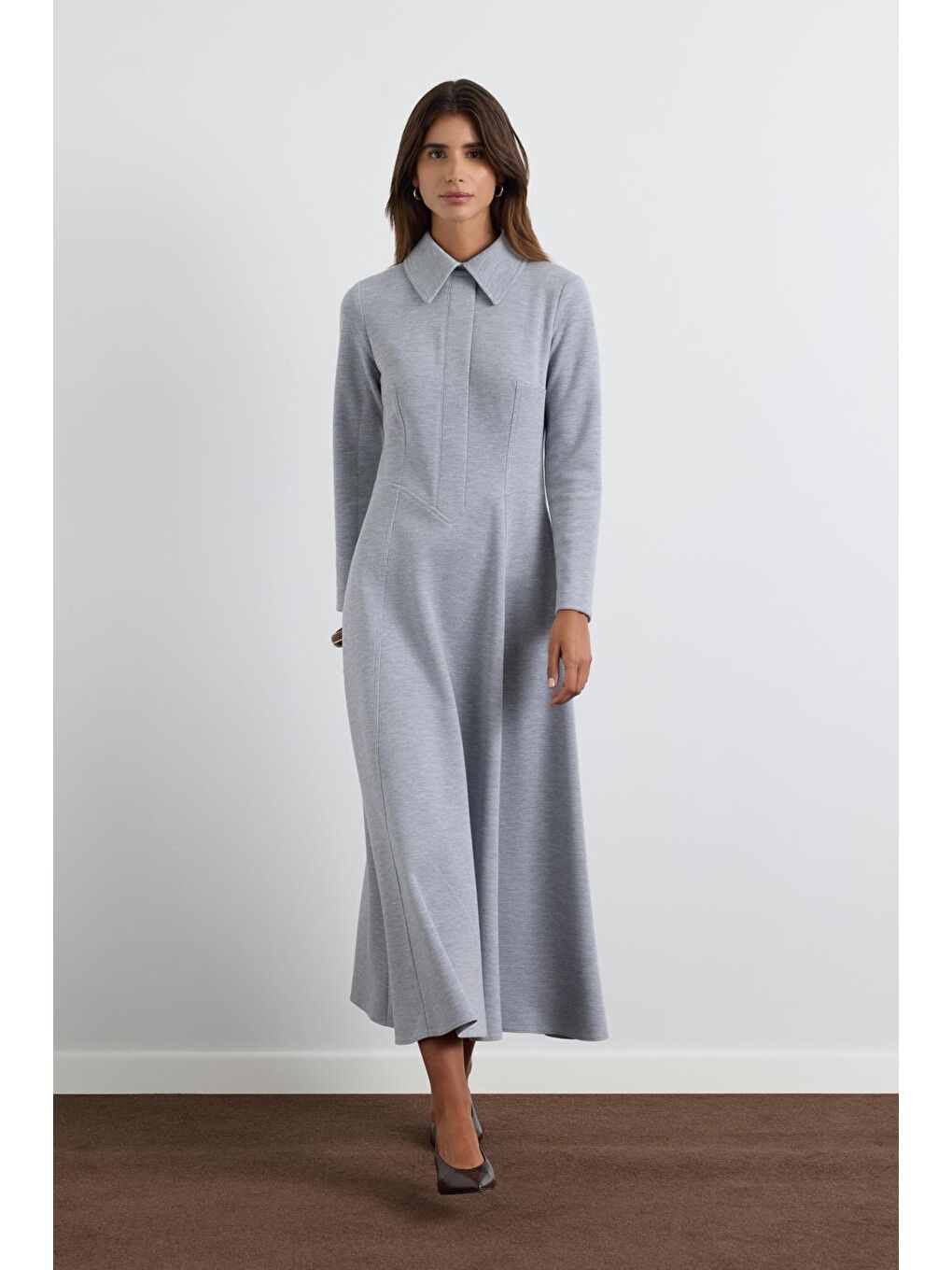 Geniş Yakalı Örme Elbise Gri-3