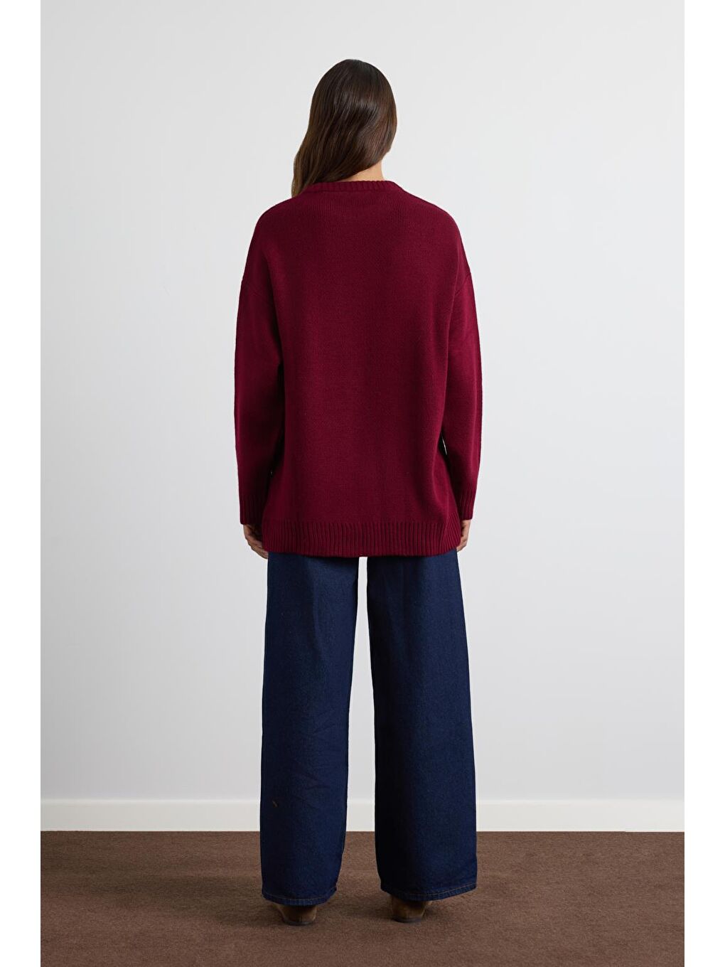 Bisiklet Yaka Basic Triko Kazak Bordo-4