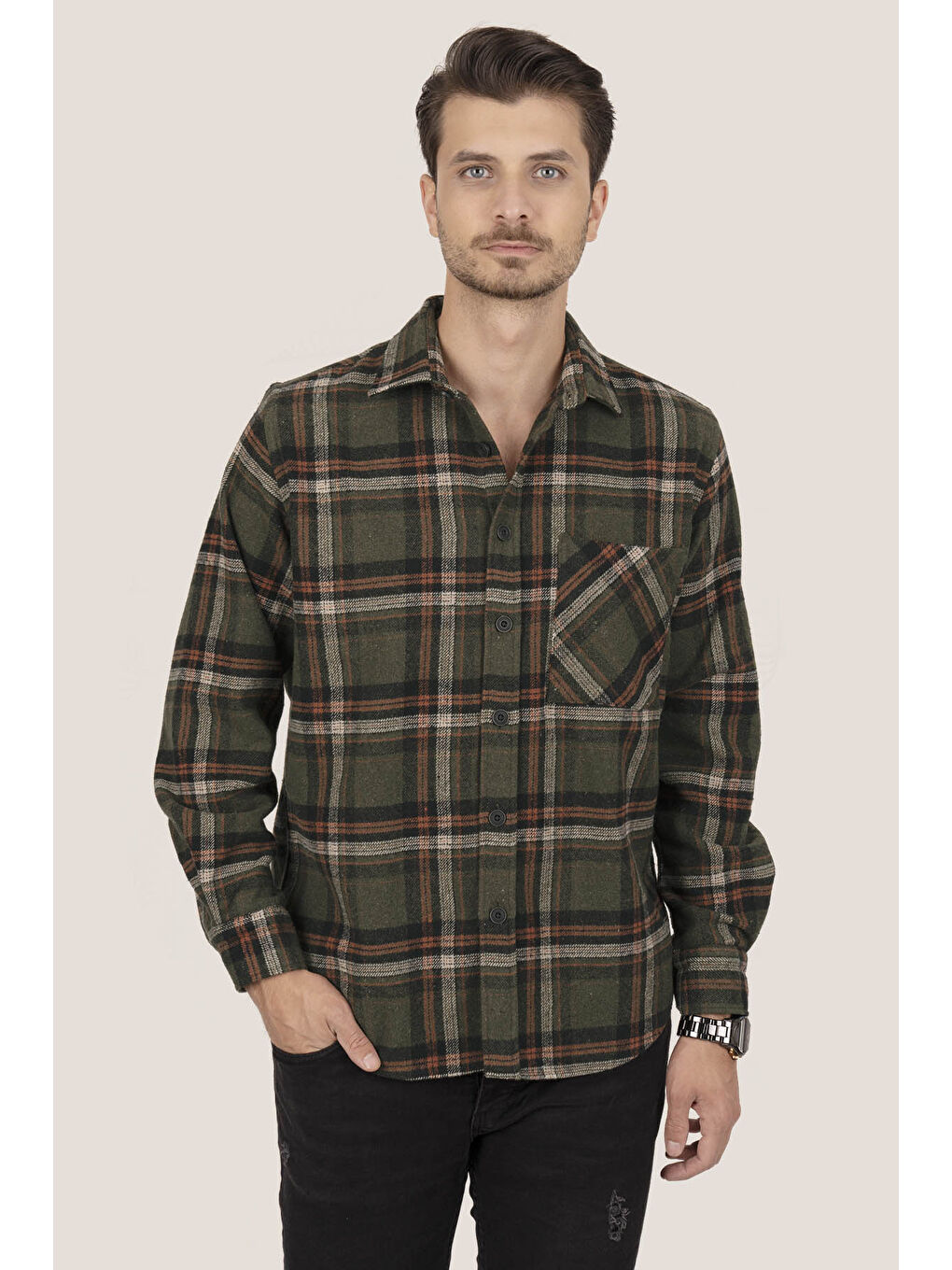 Asker Yeşili Oversize (Geniş Kalıp) Kalın Oduncu Erkek Gömlek-4