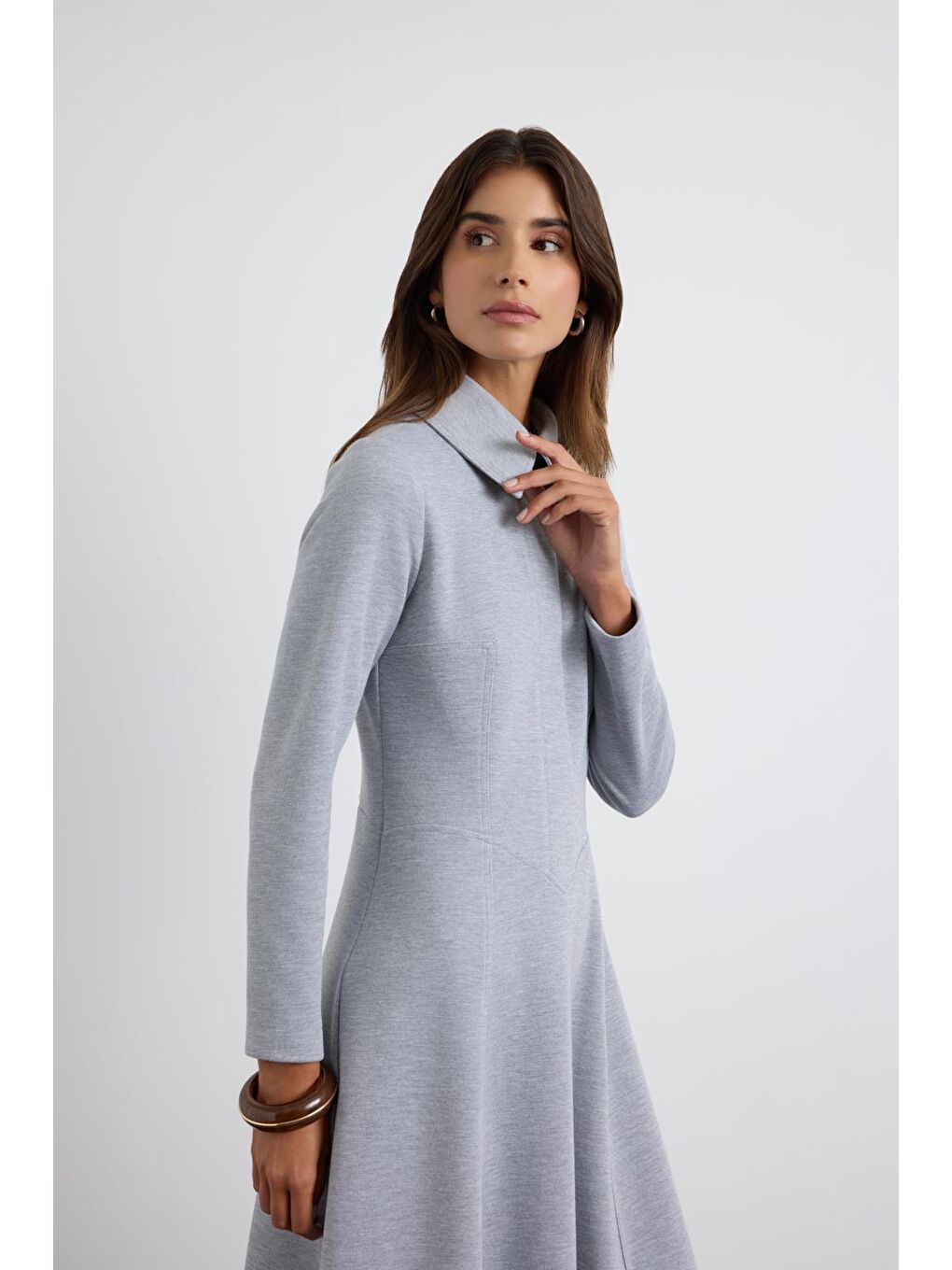 Geniş Yakalı Örme Elbise Gri-4