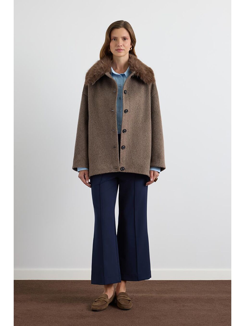 Kahverengi Kürk Yakalı Kaşe Ceket Kahve-2