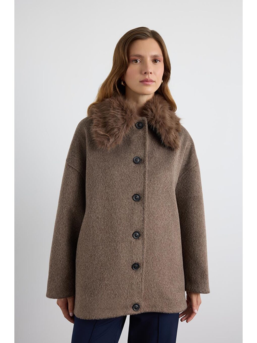 Kahverengi Kürk Yakalı Kaşe Ceket Kahve-3