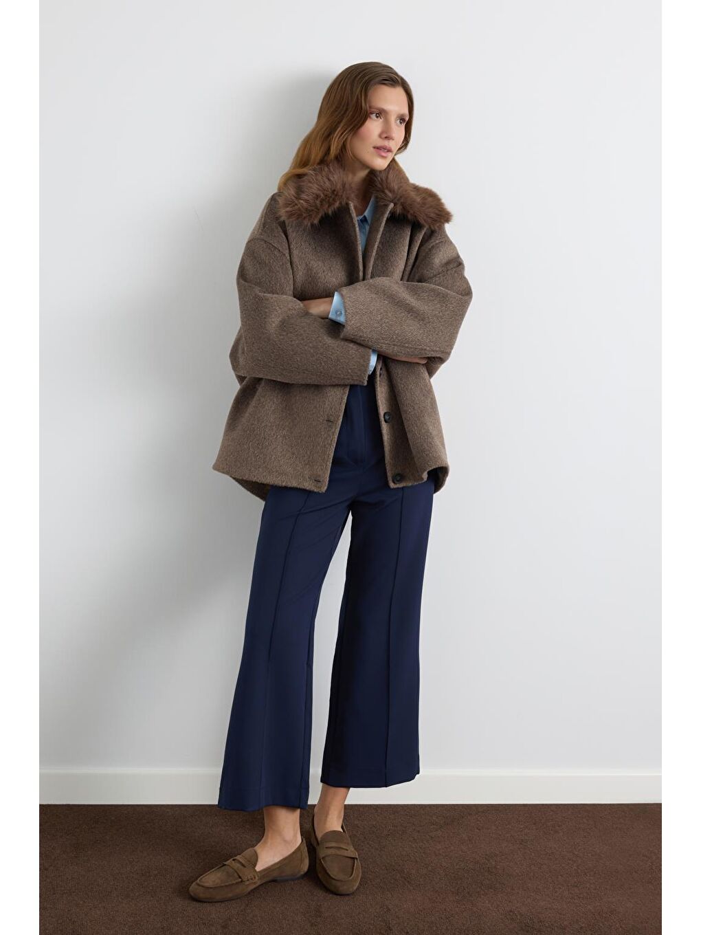 Kahverengi Kürk Yakalı Kaşe Ceket Kahve-4