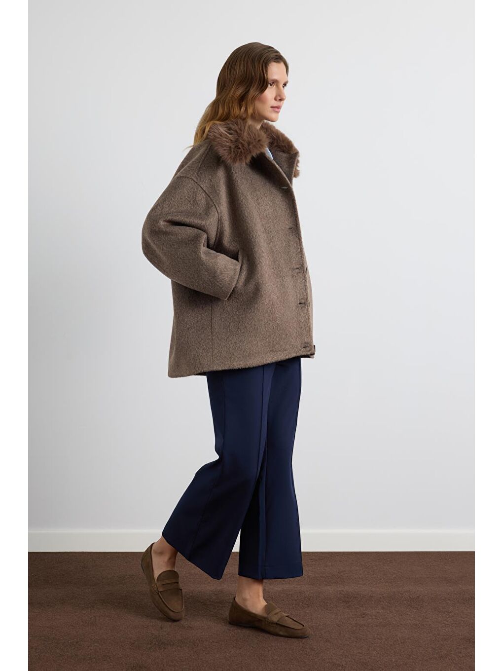 Kahverengi Kürk Yakalı Kaşe Ceket Kahve-5