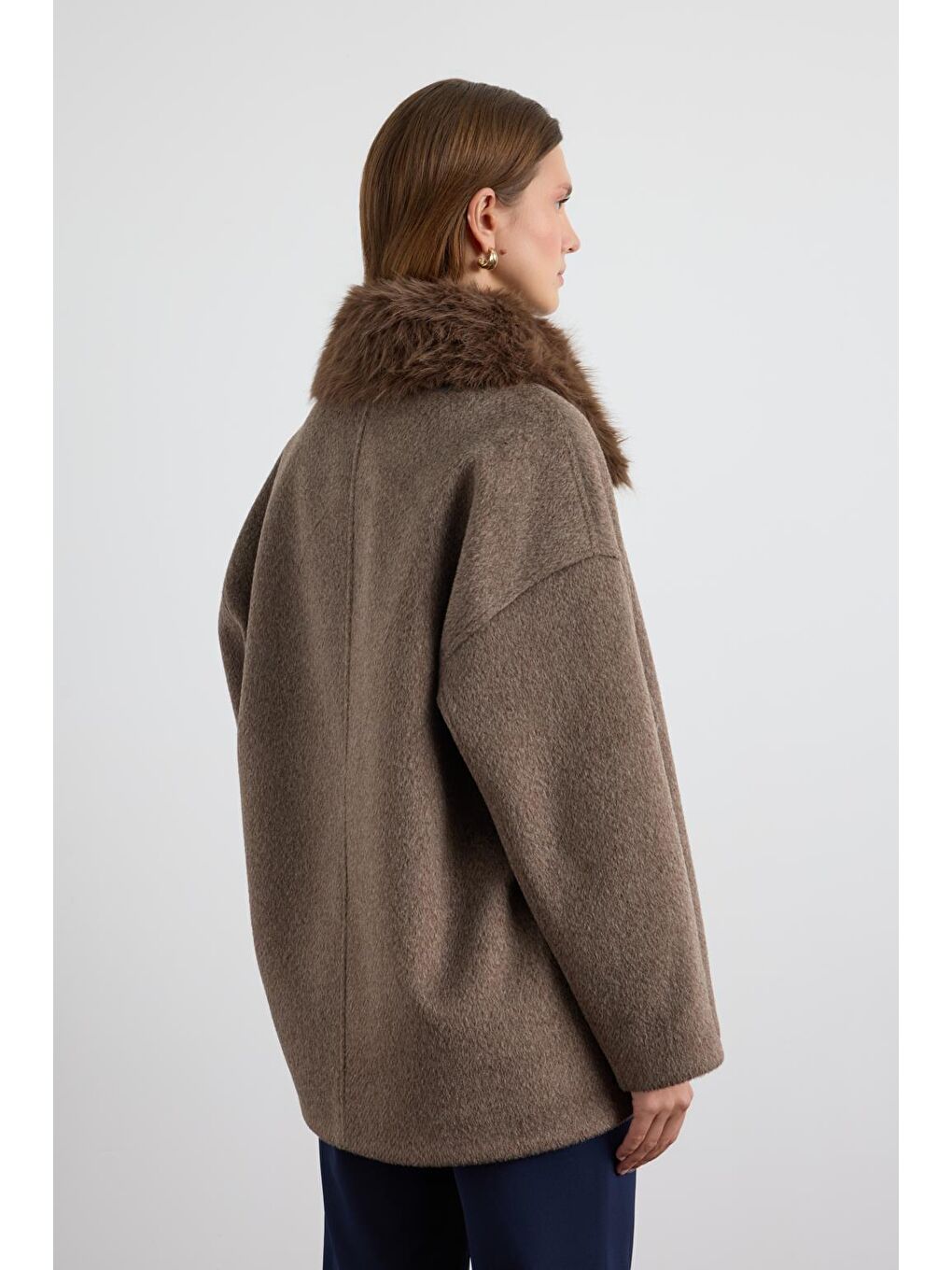 Kahverengi Kürk Yakalı Kaşe Ceket Kahve-6