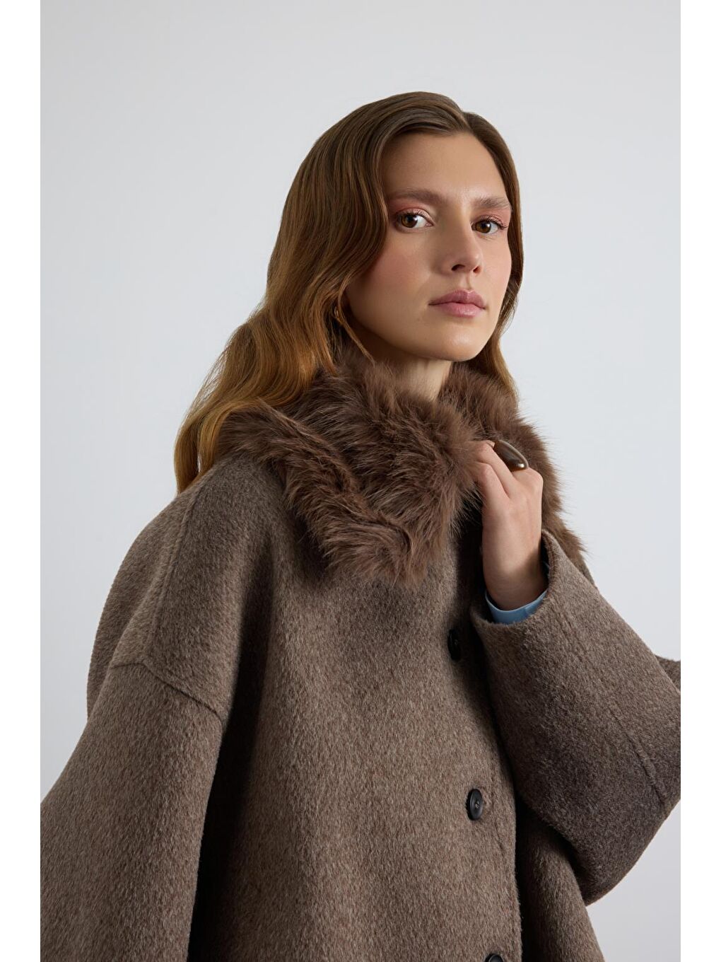 Kahverengi Kürk Yakalı Kaşe Ceket Kahve-7