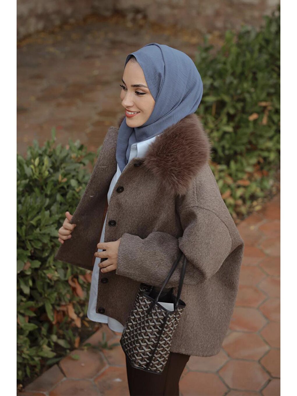 Kahverengi Kürk Yakalı Kaşe Ceket Kahve-8