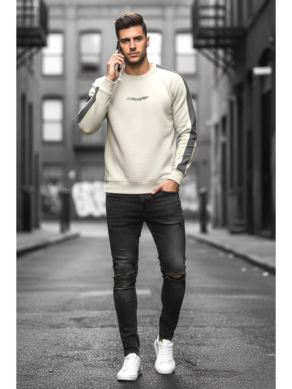 Beyaz Comsumc Üç İplik Şardonlu Bisiklet Yaka Erkek Sweatshirt-2