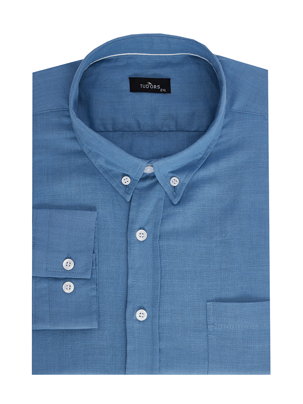 Erkek Big Size Büyük Beden Uzun Kollu %100 Pamuk Keten Doku Tek Cepli İndigo Düğmeli Yaka Gömlek