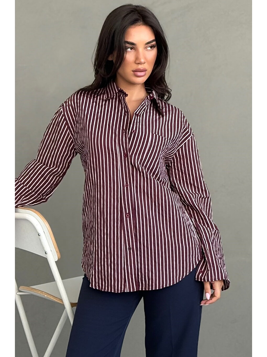 Bordo Çizgili Sendy Kumaş Kadın Gömlek Mg2834-1