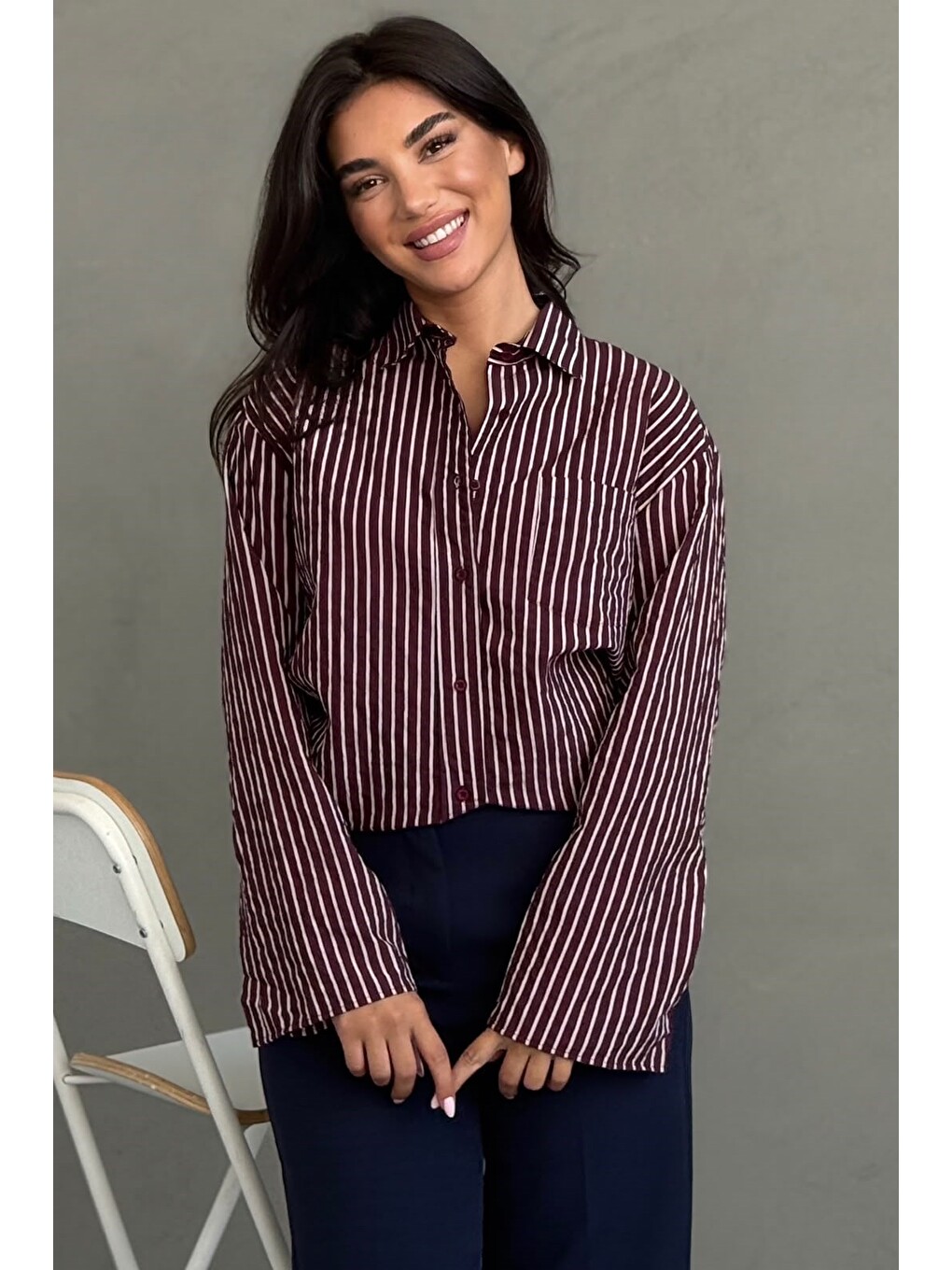 Bordo Çizgili Sendy Kumaş Kadın Gömlek Mg2834-2