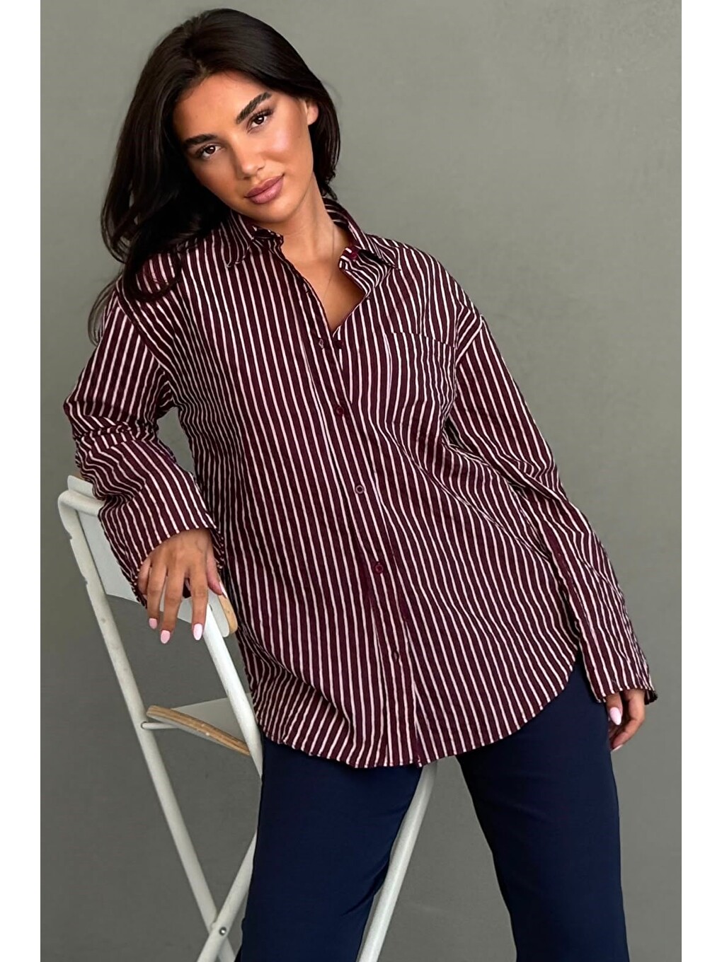 Bordo Çizgili Sendy Kumaş Kadın Gömlek Mg2834-3