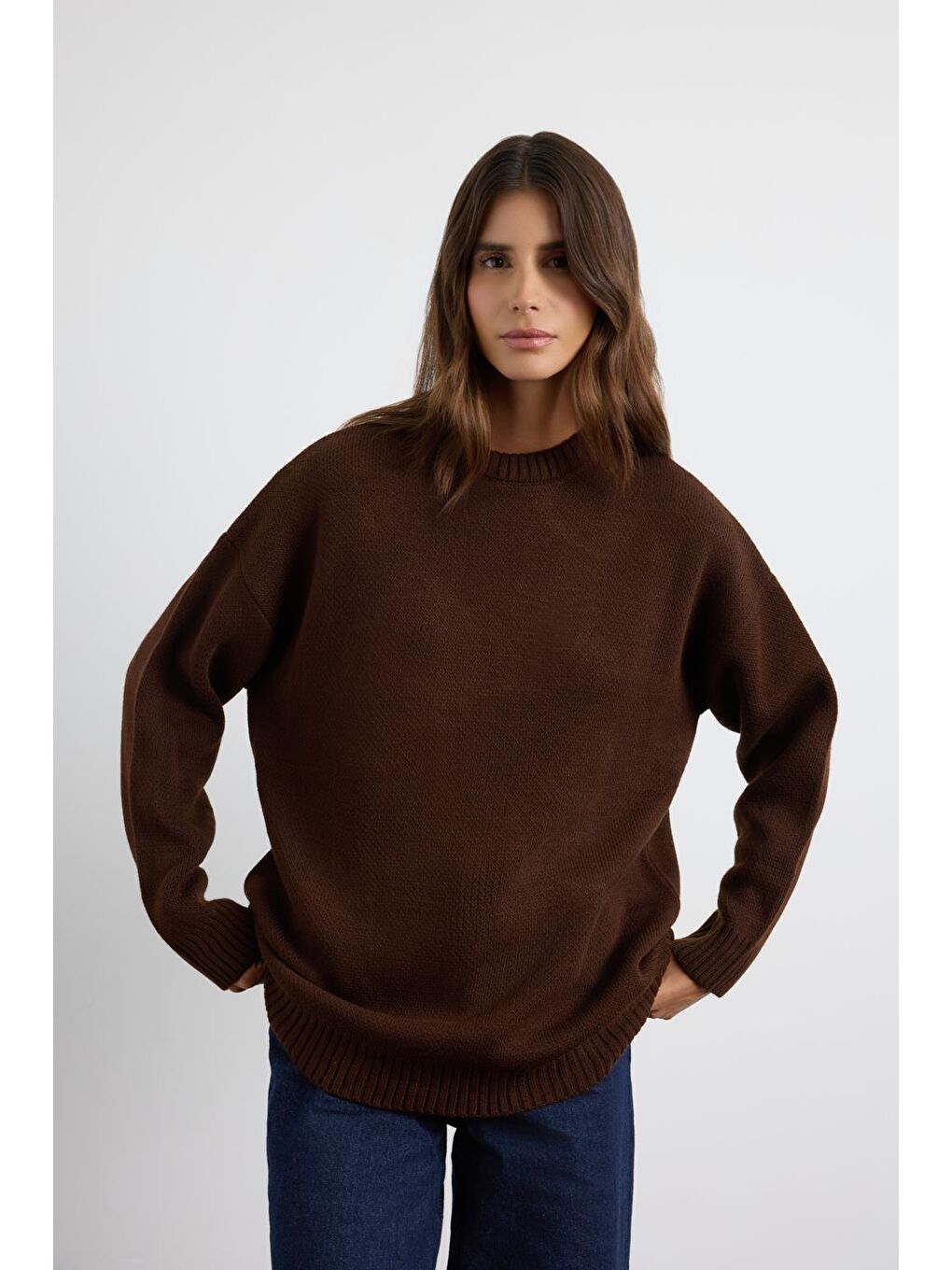 Kahverengi Bisiklet Yaka Basic Triko Kazak Kahve-1