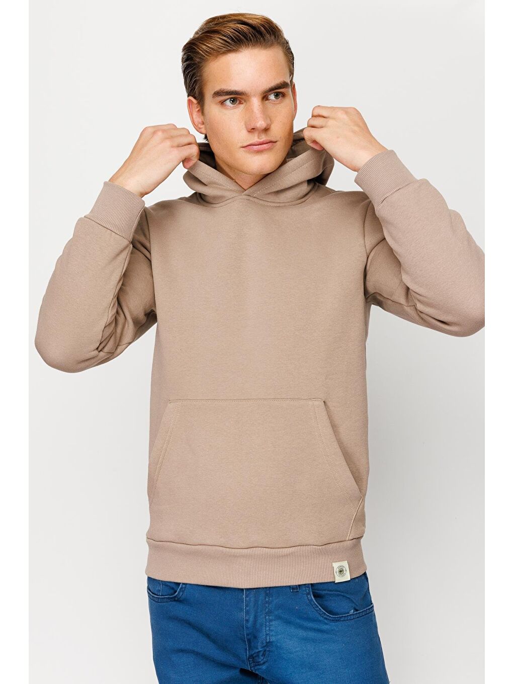 Bej Erkek Camel  Kapüşonlu Sweatshirt-3