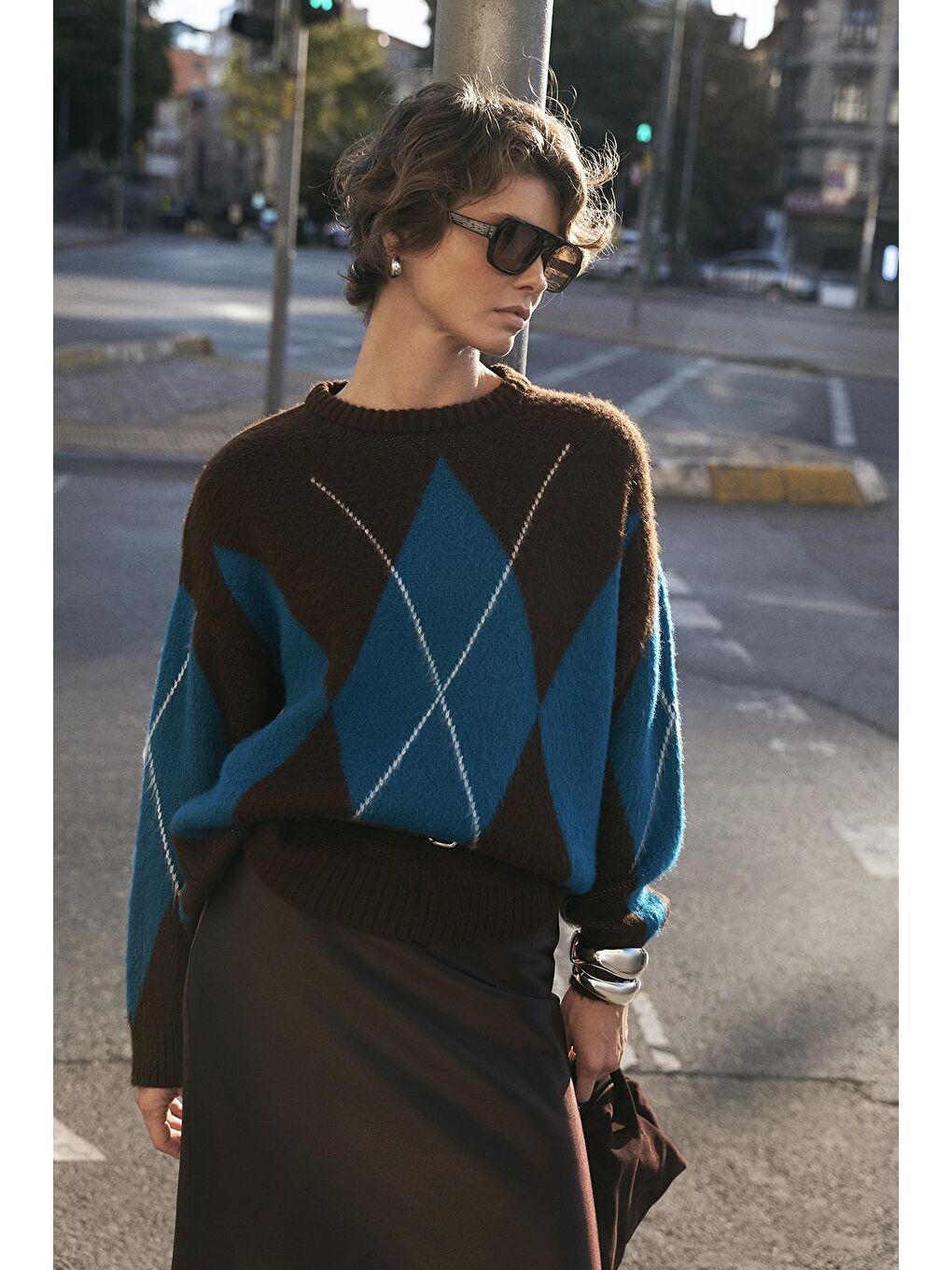 Kahverengi Baklava Desenli Triko Kazak Kahve