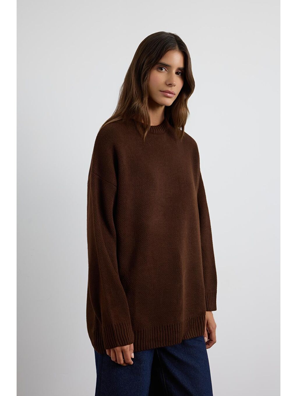 Kahverengi Bisiklet Yaka Basic Triko Kazak Kahve-3