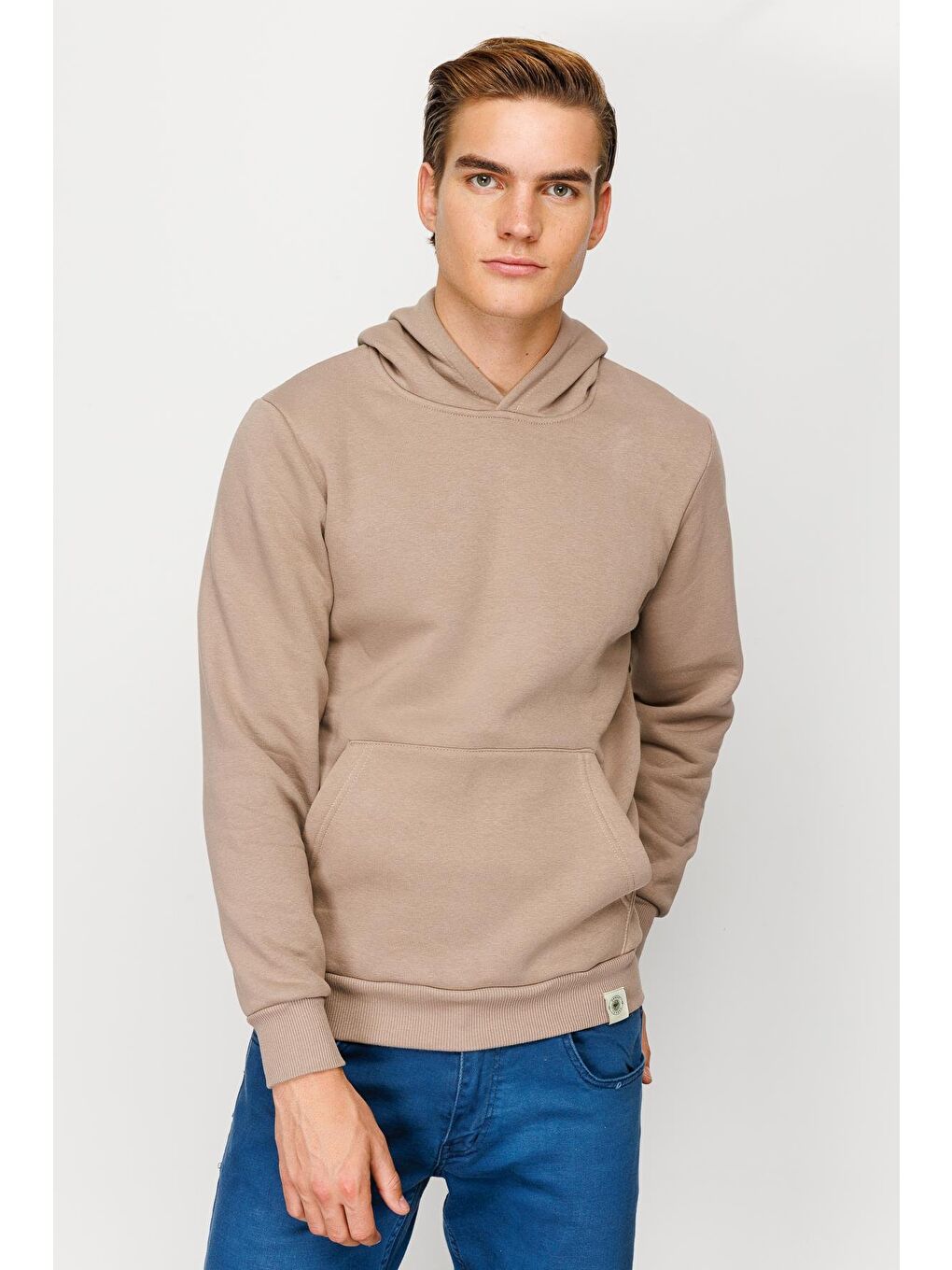 Bej Erkek Camel  Kapüşonlu Sweatshirt-4