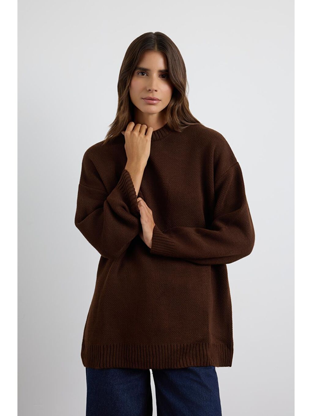 Kahverengi Bisiklet Yaka Basic Triko Kazak Kahve-4