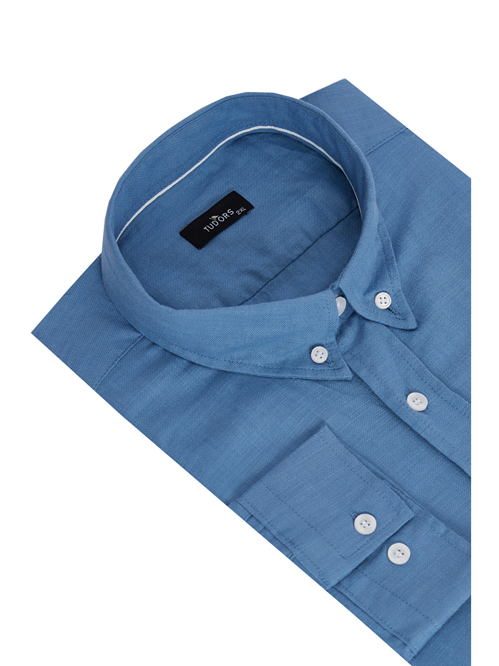 Erkek Big Size Büyük Beden Uzun Kollu %100 Pamuk Keten Doku Tek Cepli İndigo Düğmeli Yaka Gömlek-1