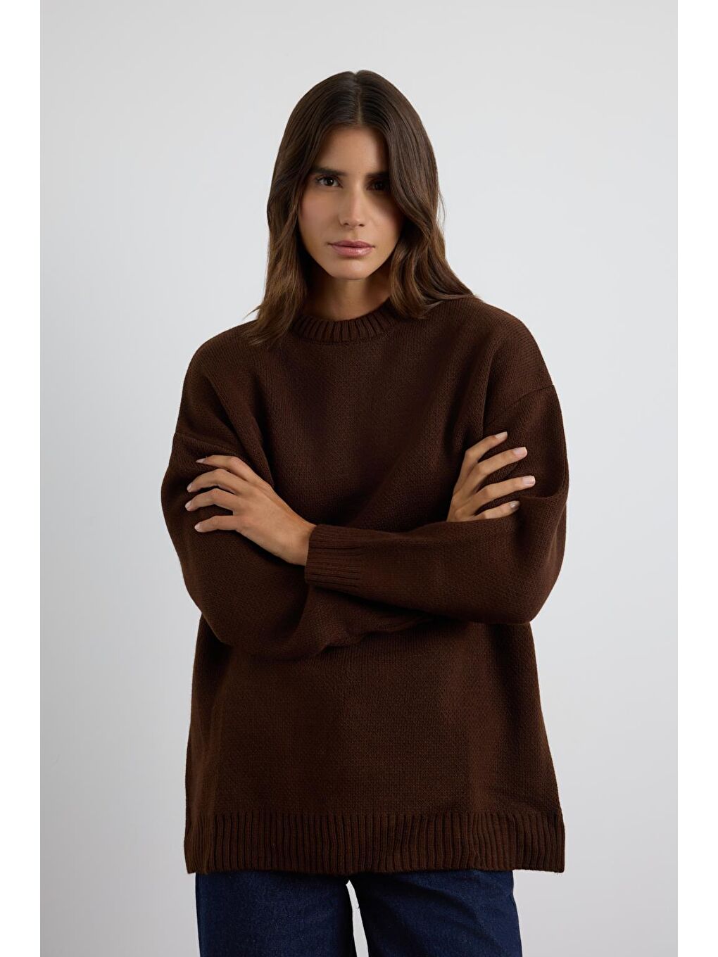 Kahverengi Bisiklet Yaka Basic Triko Kazak Kahve-5