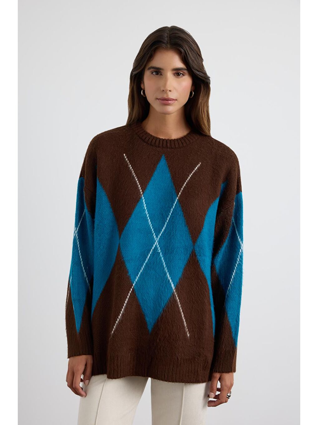 Kahverengi Baklava Desenli Triko Kazak Kahve-1