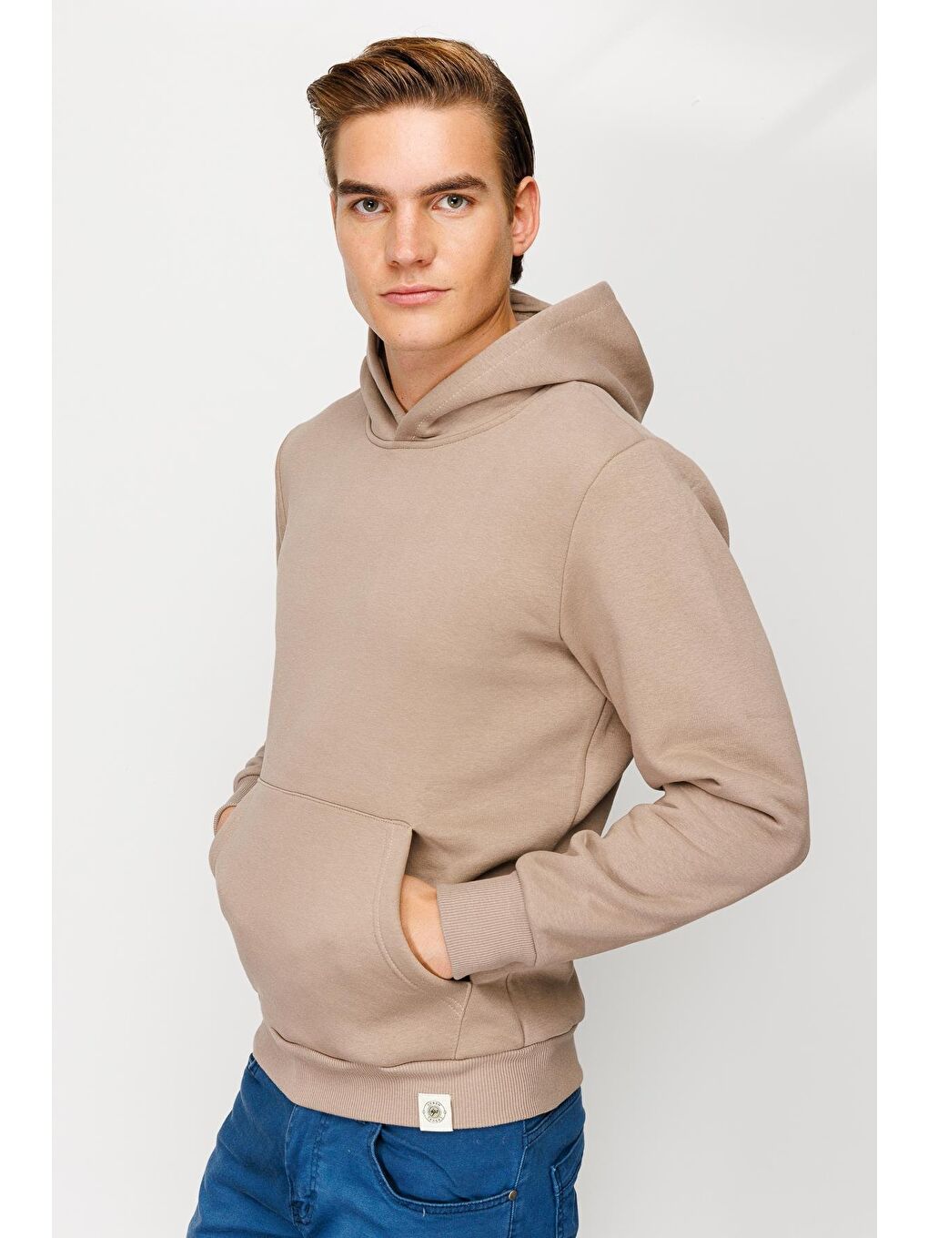 Bej Erkek Camel  Kapüşonlu Sweatshirt-5