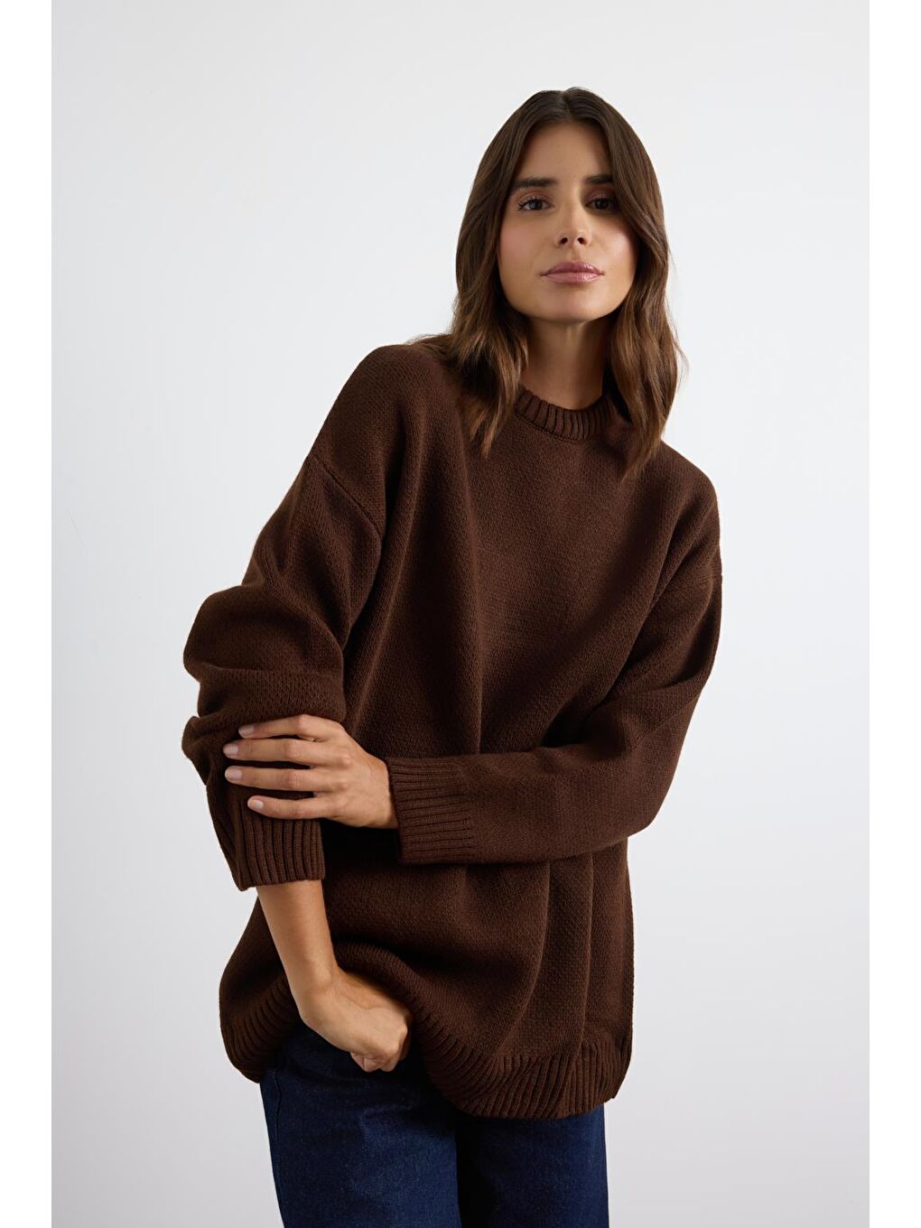 Kahverengi Bisiklet Yaka Basic Triko Kazak Kahve-6