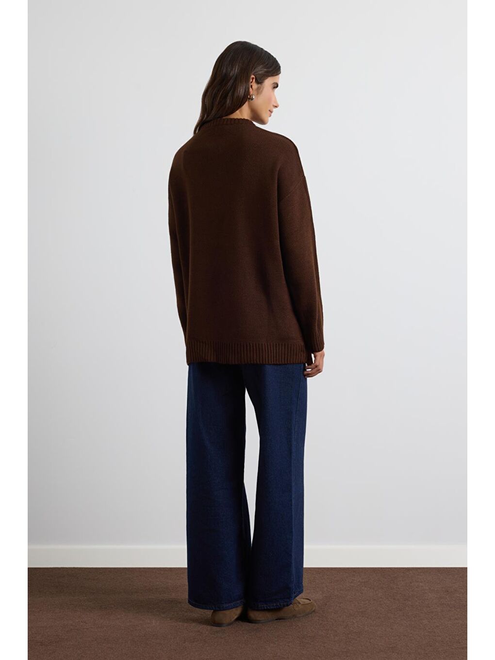 Kahverengi Bisiklet Yaka Basic Triko Kazak Kahve-7