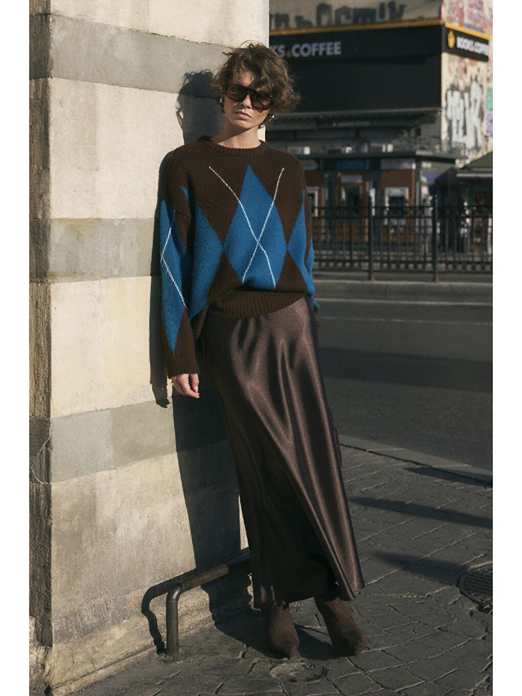 Kahverengi Baklava Desenli Triko Kazak Kahve-2