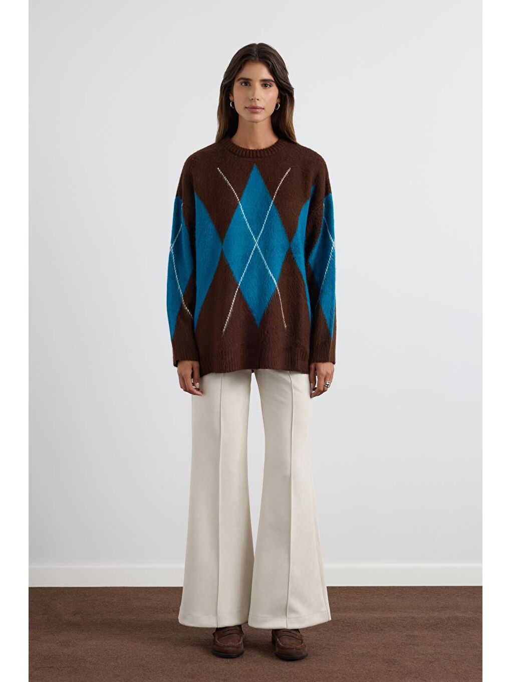 Kahverengi Baklava Desenli Triko Kazak Kahve-3