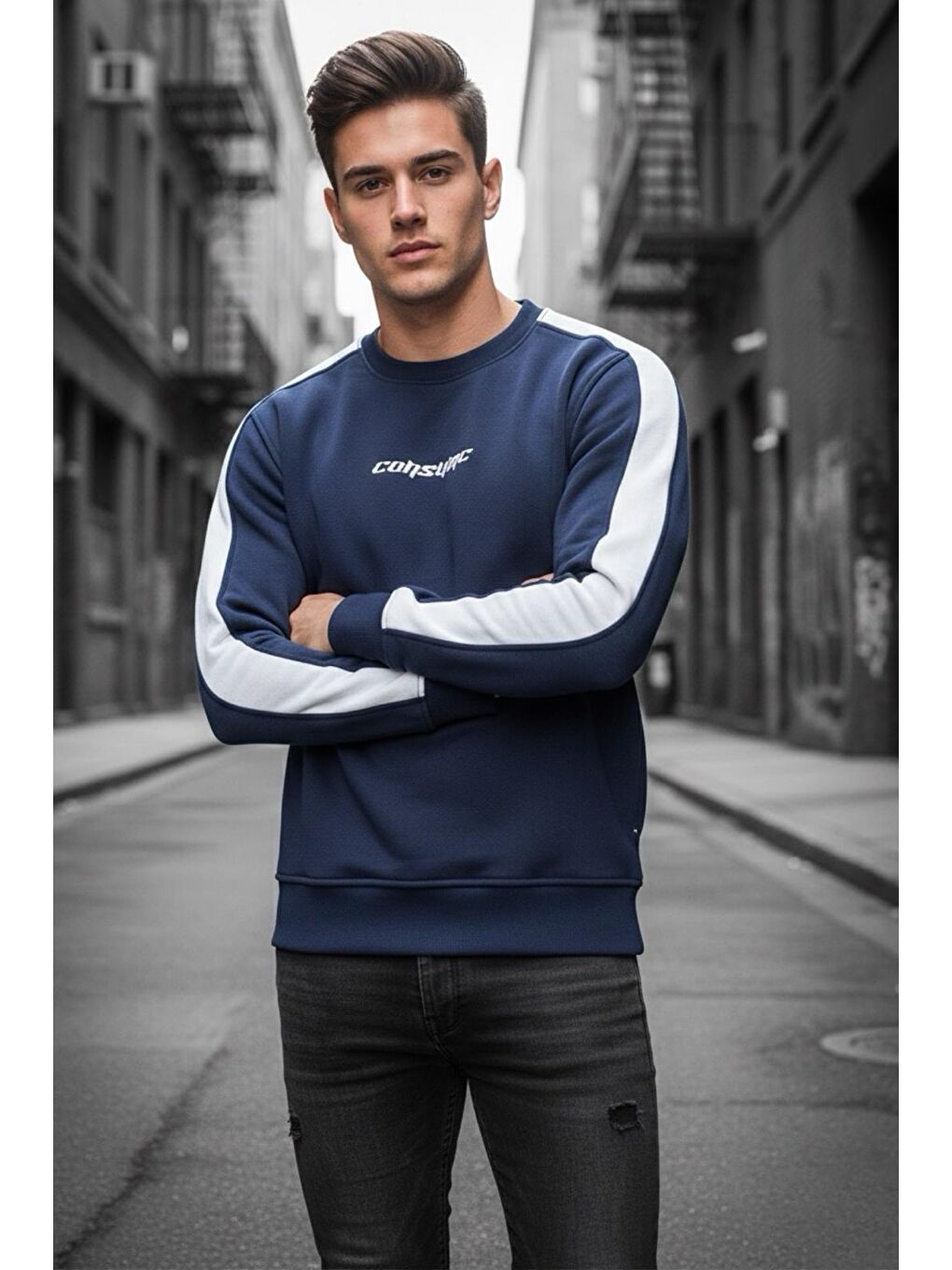 Lacivert Comsumc Üç İplik Şardonlu Bisiklet Yaka Erkek Sweatshirt