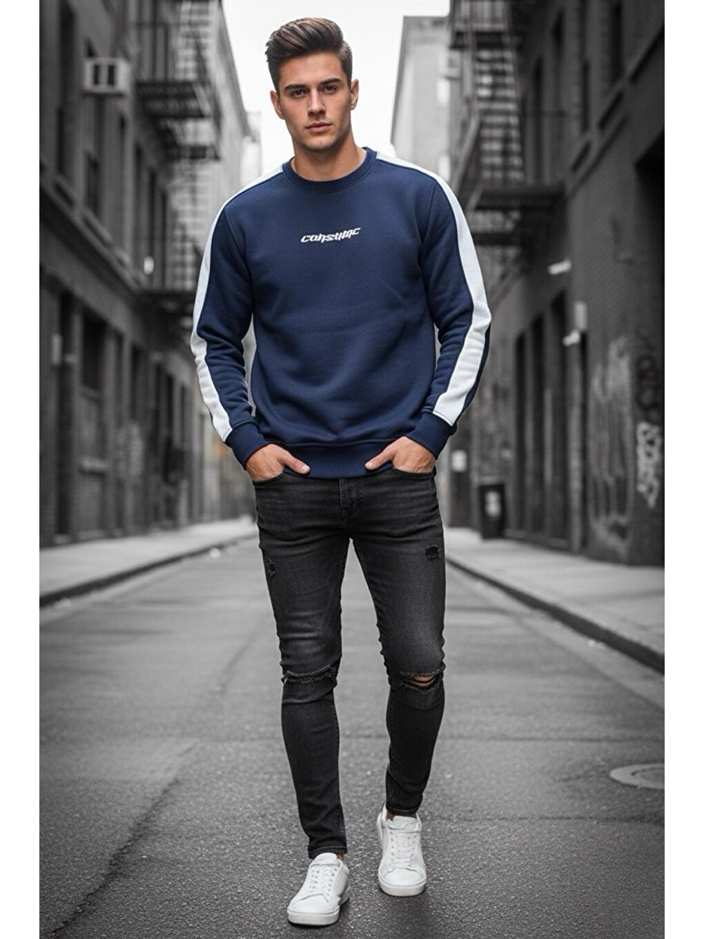 Lacivert Comsumc Üç İplik Şardonlu Bisiklet Yaka Erkek Sweatshirt-1