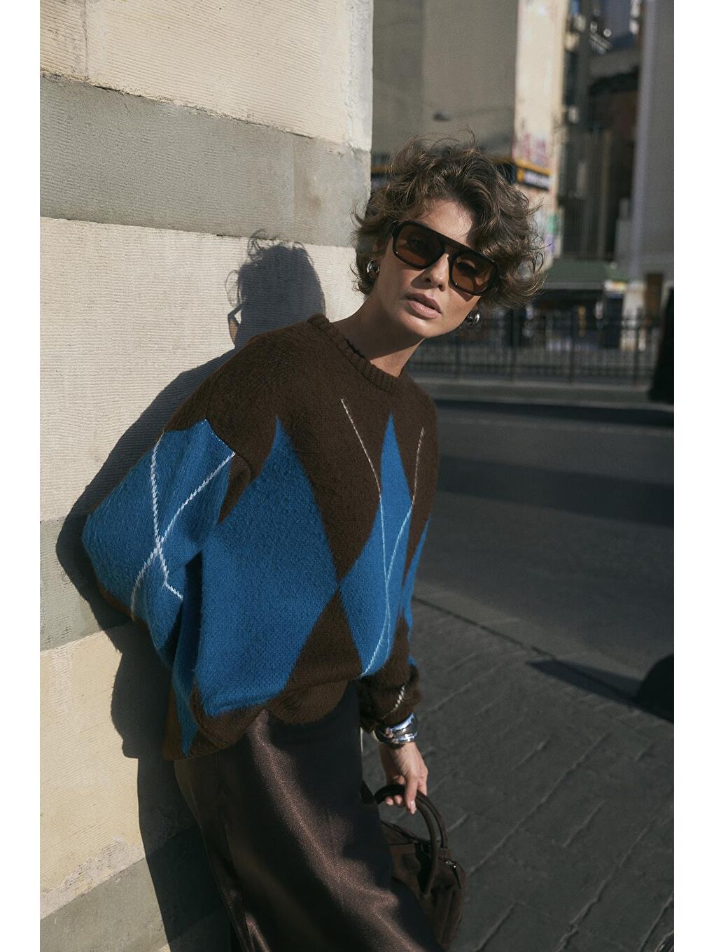 Kahverengi Baklava Desenli Triko Kazak Kahve-4