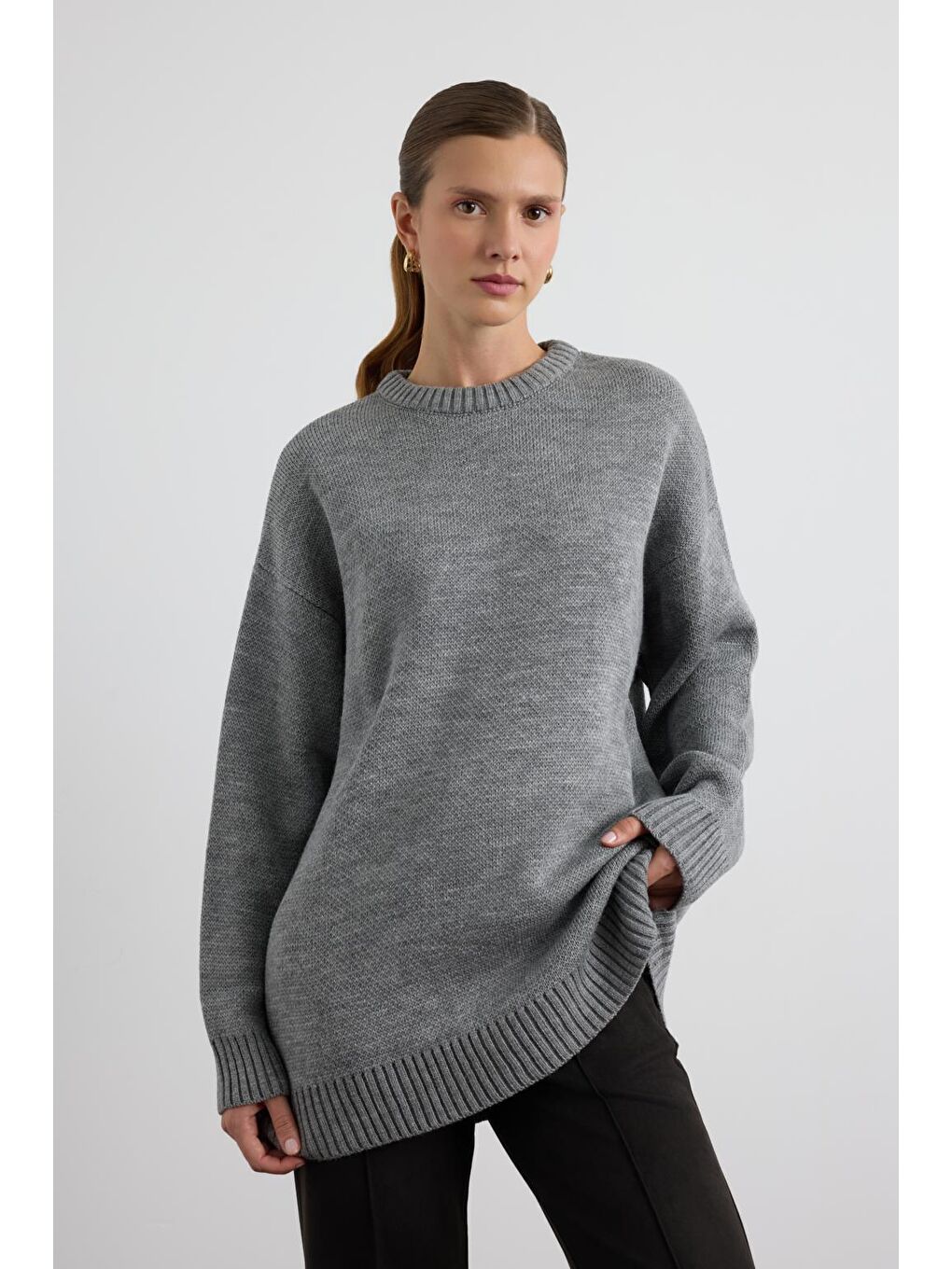 Bisiklet Yaka Basic Triko Kazak Antrasit-2