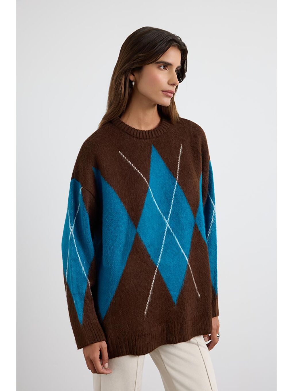 Kahverengi Baklava Desenli Triko Kazak Kahve-5